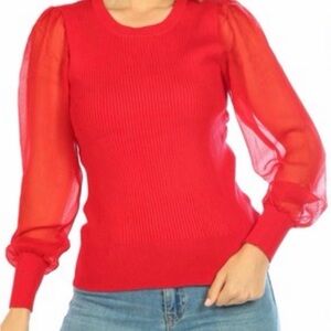 Carmen Marc Valvo Vibrant Red Sweater with Sheer Sleeves